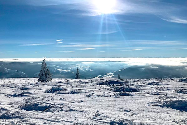 Blick vom Belchen ins Wiesental und Richtung Alpen
